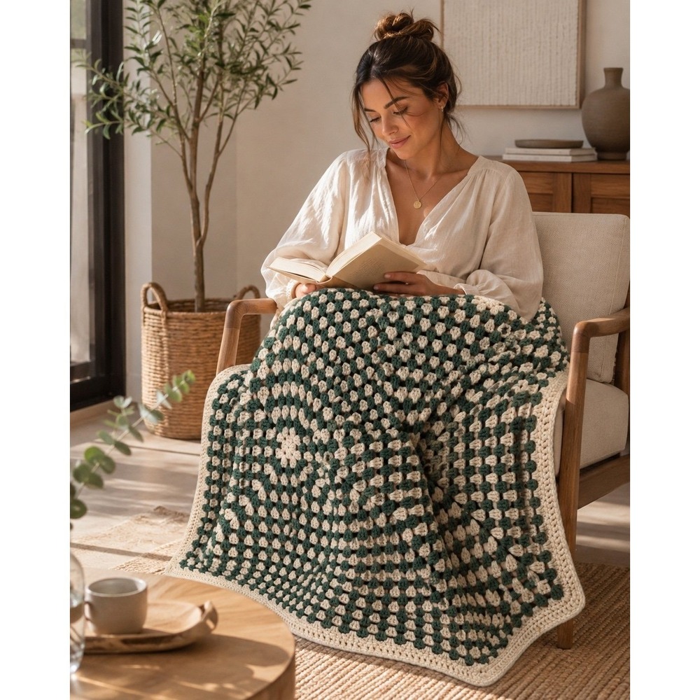 Handmade Crochet Granny Square Throw Rug Green Cream 46x43 Boho Vintage